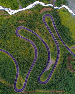 aerial view of zig-zag road with trees thumbnail