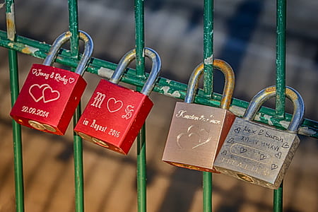 four padlocks on green fence thumbnail