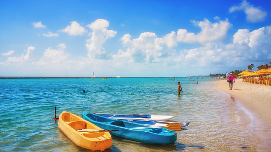 three white, yellow, and blue wooden paddle boats on body of water near seashore at daytime thumbnail