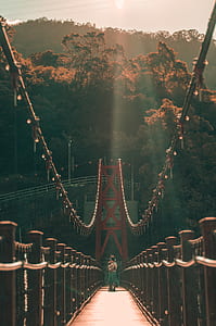 standing woman while hugging baby on hanging bridge thumbnail