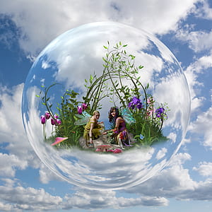 two fairies near purple petaled flowers inside bubble digital wallpaper thumbnail