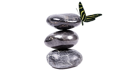 three gray stones and yellow butterfly on white background photo thumbnail