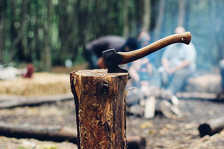 shallow focus photography of black axe on brown wooden slab thumbnail