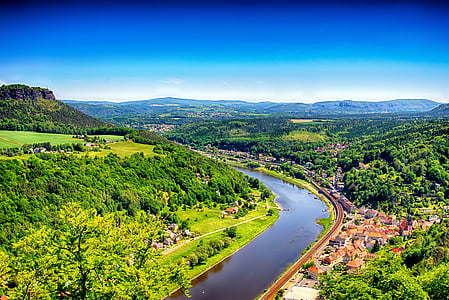 bird's-eye view photography of city near body of water surrounded with trees thumbnail