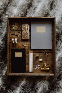 Office accessories on an old wooden tray thumbnail