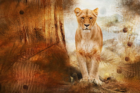 brown lioness standing on tree log painting thumbnail