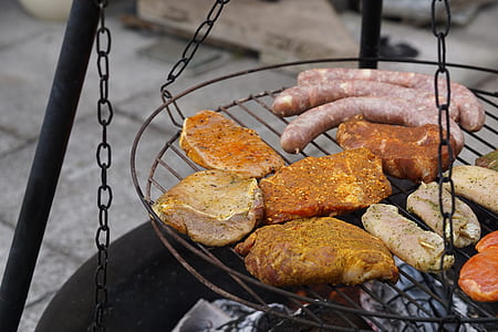 grilled meats and sausages on charcoal grill outdoor thumbnail
