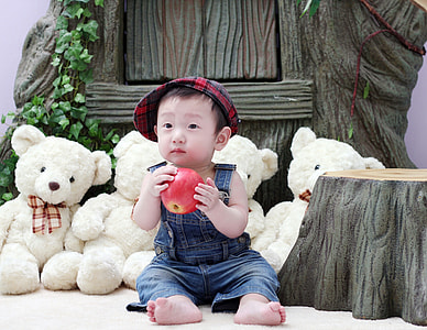 boy holding red apple fruit sitting beside four bear plush toys thumbnail