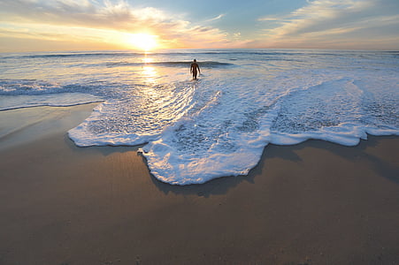 silhouette of person standing on ocean near brown seashore thumbnail