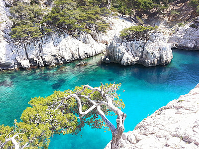 body of water between rock mountains surrounded by trees thumbnail