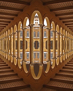 brown concrete building in mirror photography at daytime thumbnail