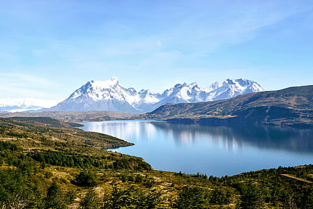 aerial photography of lagoon near trees and mountain thumbnail