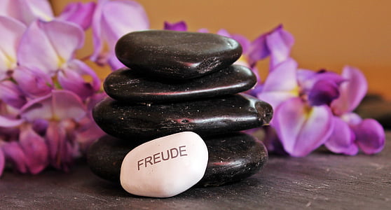 stone stack beside white stone and purple orchids thumbnail