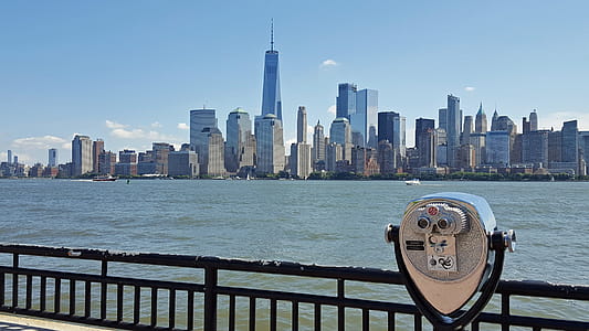 Tourist view of New York City Lower Manhattan from the old Central Railroad of New Jersey terminal in Liberty State Park New Jersey. thumbnail