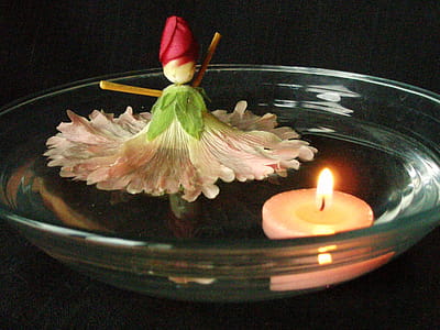 Candle-lit centerpiece with a doll made from a Hollyhock flower floating in water thumbnail