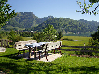 gray wooden picnic table on green grass thumbnail