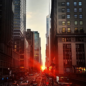 cars on road surrounded with high-rise buildings during golden hour photo thumbnail
