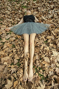 woman wearing black and gray dress lying on ground covered with dried leaves thumbnail