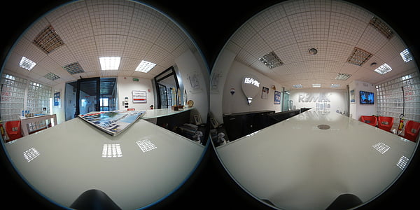 two fish-eye lens photos of table inside buildings thumbnail