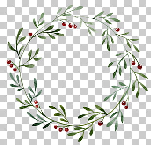 Wreath Christmas Watercolor painting Illustration, Green plant hollow round border, green and red floral Christmas wreath PNG clipart