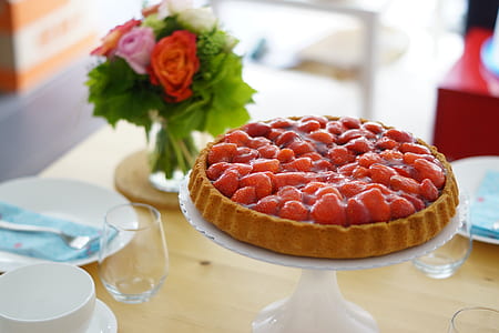 strawberry pie served on white cake stand thumbnail