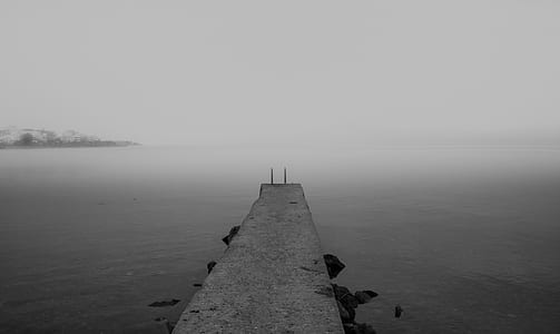 grayscale photo of dock bridge thumbnail