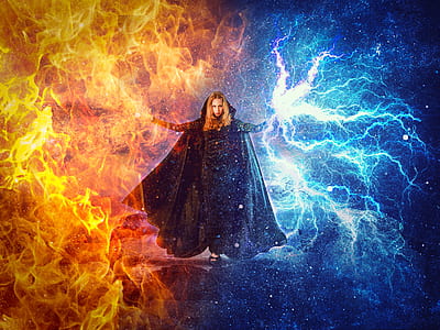 woman wearing black coat with fire and thunder digital wallpaper thumbnail
