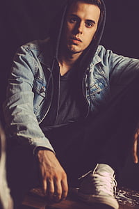 man wearing blue denim zip-up jacket thumbnail