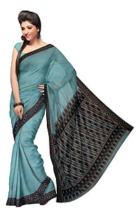 woman wearing teal and black sari dress thumbnail