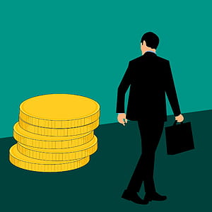 Illustration of businessman with briefcase walking past stack of gold coins. thumbnail