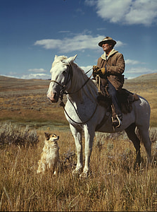 man wearing brown aviator jacket riding horse beside sitting dog thumbnail