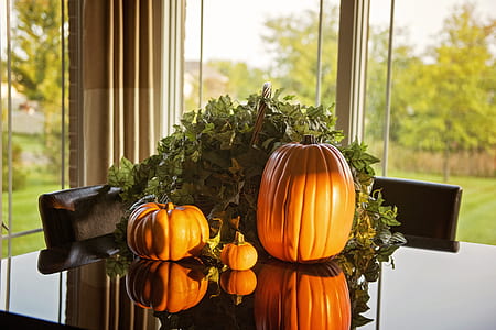 pumpkins on top of glass table thumbnail
