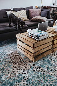 Designer living room interior with a wooden box table and a light blue carpet thumbnail
