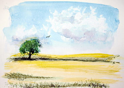 green leafy tree with bird flying painting thumbnail