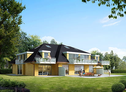 people in front of yellow and black house with trees at daytime thumbnail