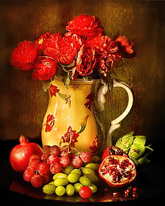 red roses in brown ceramic vase with assorted fruits decor thumbnail