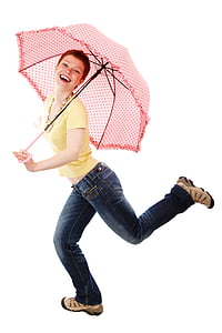 photo of woman wearing yellow scoop-neck shirt holding red umbrella thumbnail