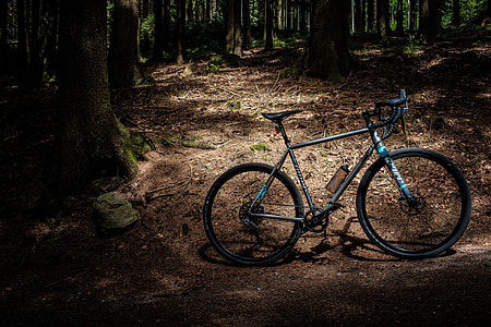 grey and black road bike at forest thumbnail