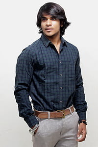 man wearing white and gray plaid dress shirt and gray pants thumbnail