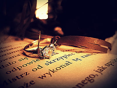 selective focus photo of clear jeweled silver-colored ring on printer paper with text printed thumbnail