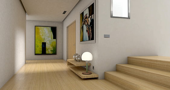 white and grey table lamp with beige wooden shelf near brown wooden stairway thumbnail