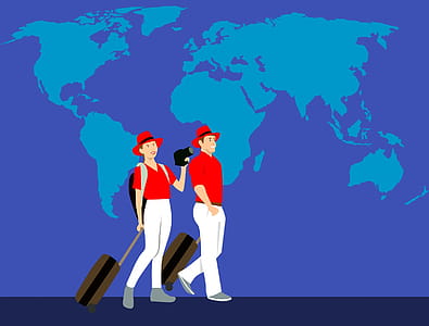 Illustration of tourists taking photos and travelling with luggage. thumbnail