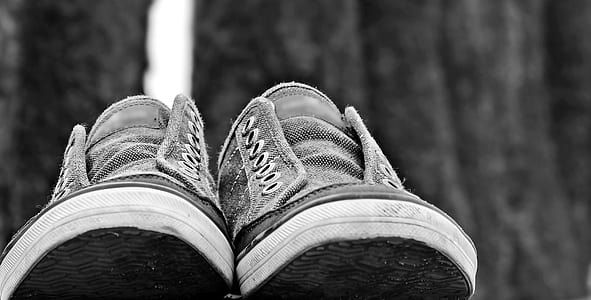 pair of grey-and-white low-top sneakers without laces in selective-focus photography thumbnail