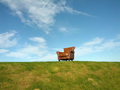 brown leather padded wingback chair thumbnail