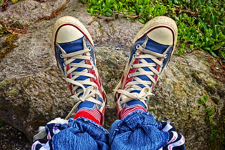 person wearing red-blue-and-white low-top sneakers thumbnail