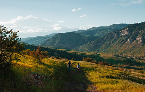 aerial view photography of two person walking on green grass field thumbnail