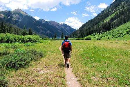 man walking on field between grass during daytime thumbnail