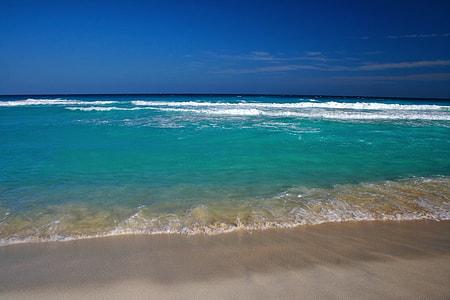 clear blue skies over seashore thumbnail