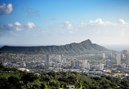 aerial photo of buildings in front of mountain thumbnail