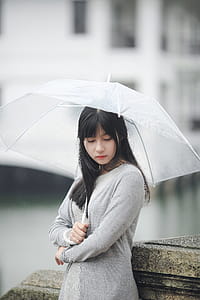 Woman Wearing Gray Sweater Holding Clear Umbrella thumbnail